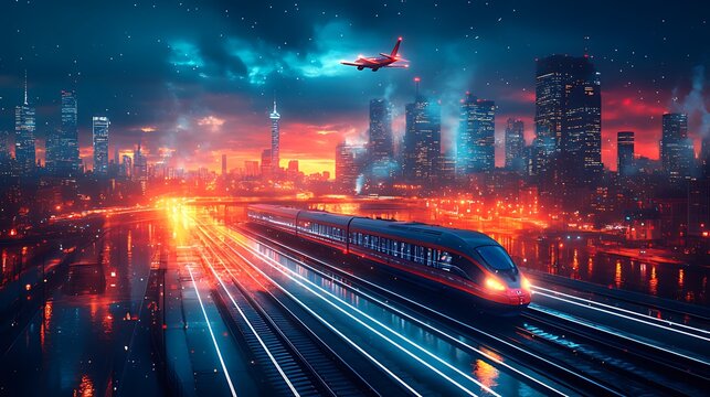 Night train speeds through city, plane overhead, sunset