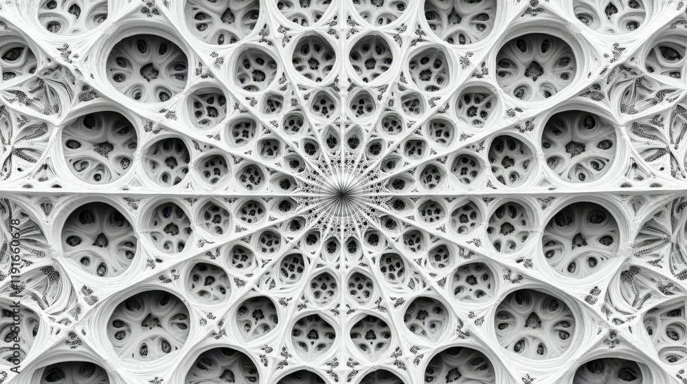 Poster intricate grayscale circular geometric pattern.