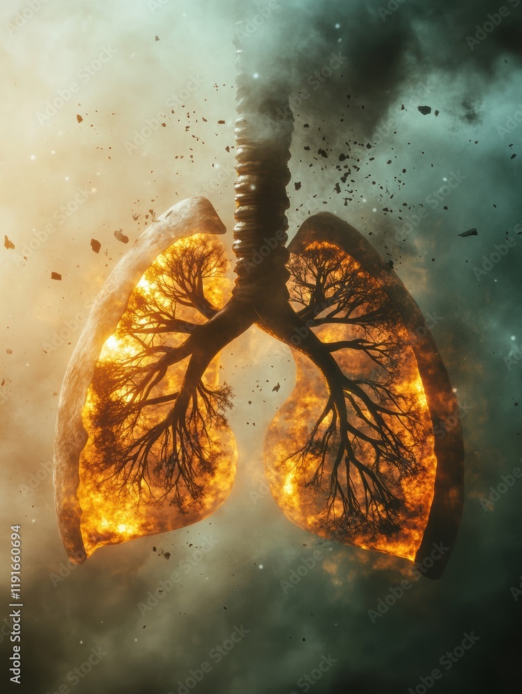 Poster Realistic depiction of lungs illuminated by fire in a polluted environment with dust particles in the air. Generative AI