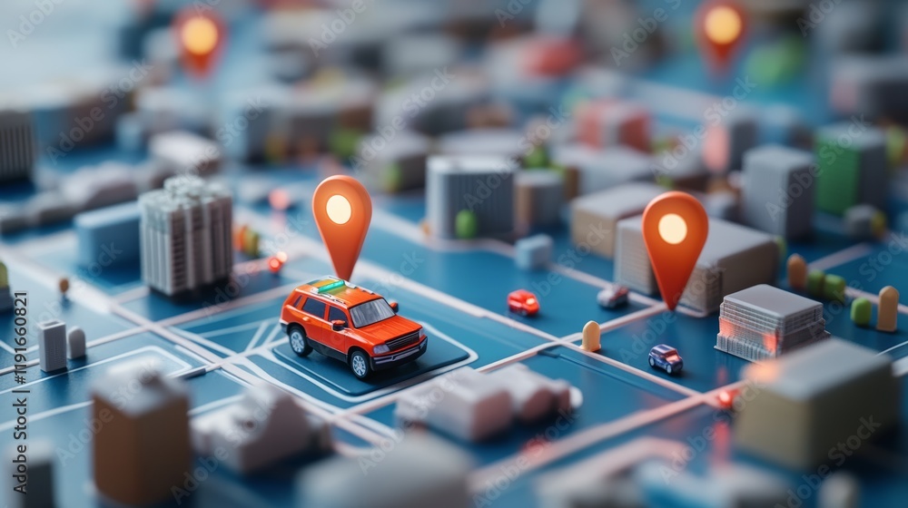 Poster orange car with location pin icon navigating through modern cityscape using gps technology, showcasi