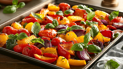 Colorful roasted vegetable medley with tomatoes, peppers, and basil on baking sheet, perfect for healthy meal