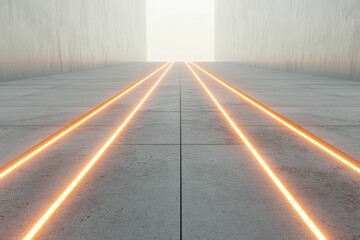 Illuminated pathway, concrete floor, bright lines.