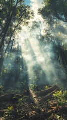 Obraz premium Breathtaking scene of an enchanting forest ecosystem bathed in ethereal sunbeams radiating through the lush verdant foliage and creating a captivating mystical atmosphere of serenity and rejuvenation