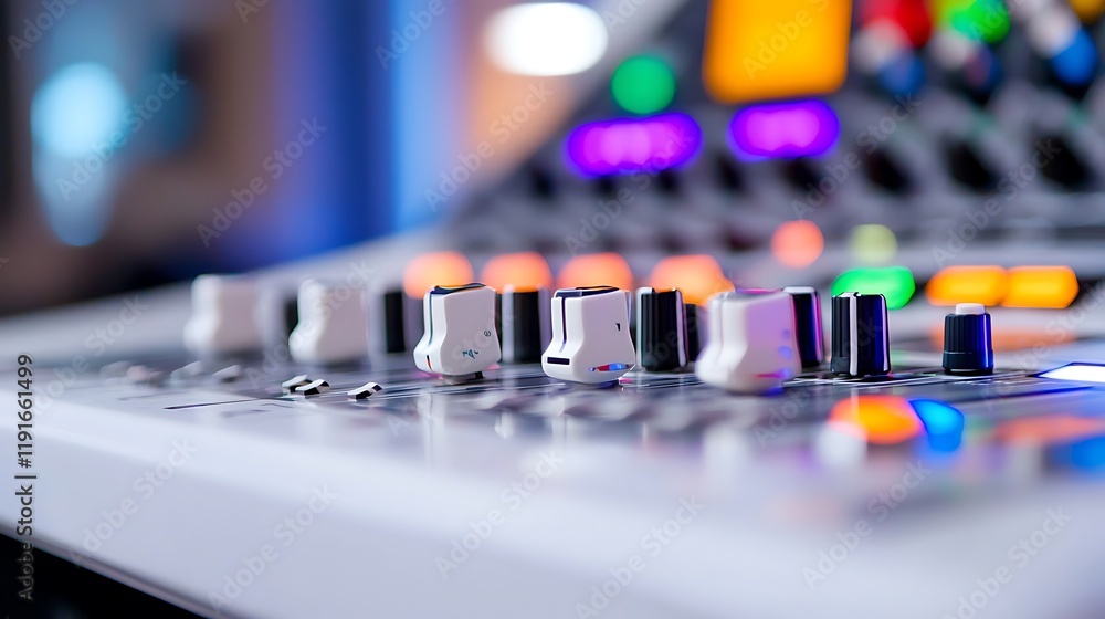 Aufkleber close-up of a sound mixing console with colorful lights and knobs.