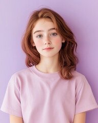 Fototapeta premium Young caucasian female with red hair and freckles against purple background