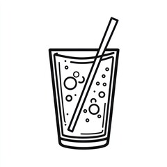 Sparkling water glass, straw, bubbles, refreshment, simple line art, for menu design