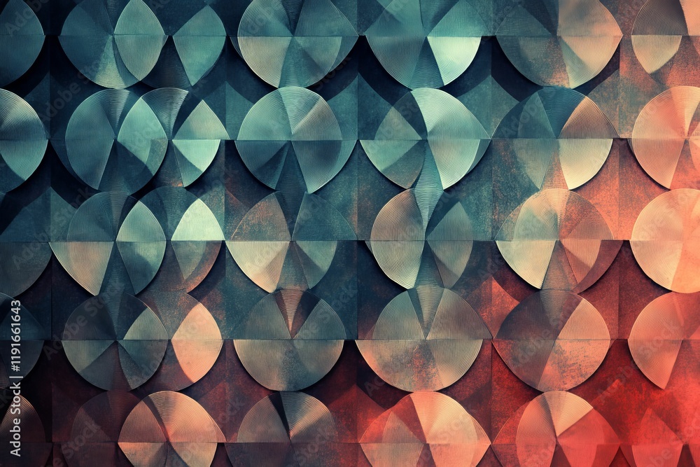 Poster abstract textured pattern, overlapping circles, red and teal tones.