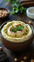 Close-up of fresh hummus in a bowl. Fresh hummus served with chickpeas, mint, olive oil and pepper.