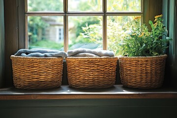 Laundry room with woven baskets on windowsill