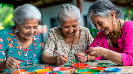 Joyful Older Women Painting Colorful Crafts Together