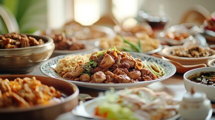 Obraz premium A diverse assortment of savory dishes are beautifully arranged on a table