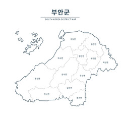 Buan map. Map of South Korea with Major Cities, Clean Line Design on White Background.
