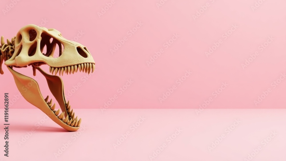 Poster sandstone t-rex skull on left. soft pink background. copy space for text, 3d render ai generated des