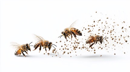 Fototapeta premium Three honeybees in flight, pollen trail.