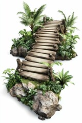Wooden walkway curves through lush tropical foliage.