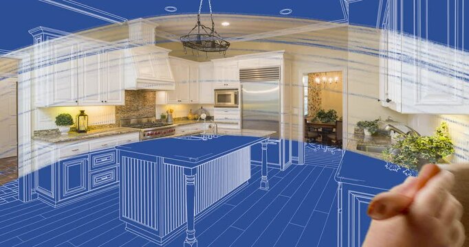 Before and After of Painter Brushing to Reveal Completed Custom Kitchen Under Architectural Blueprint Design.