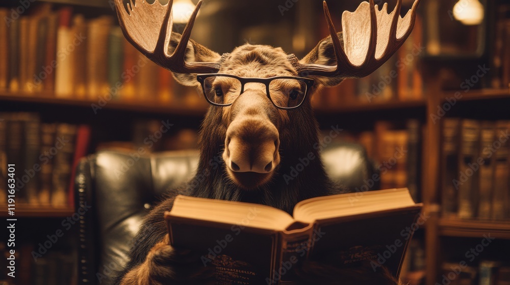 Aufkleber moose with glasses reading a book in a vintage library surrounded by shelves of old books. generativ