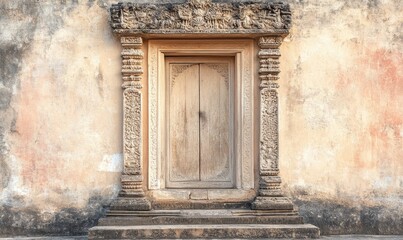 Ornate stone doorway, weathered wall, wooden door.