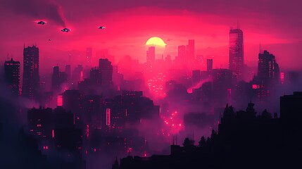 Cyberpunk city sunset, flying vehicles, red sky