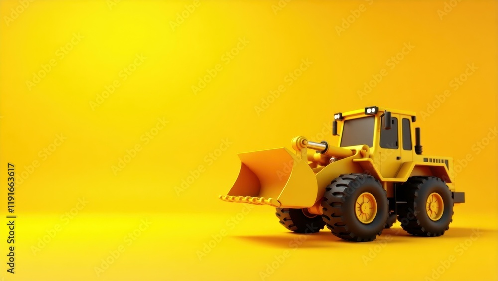 Poster yellow bulldozer on right. soft red background. copy space for text, 3d render ai generated designer