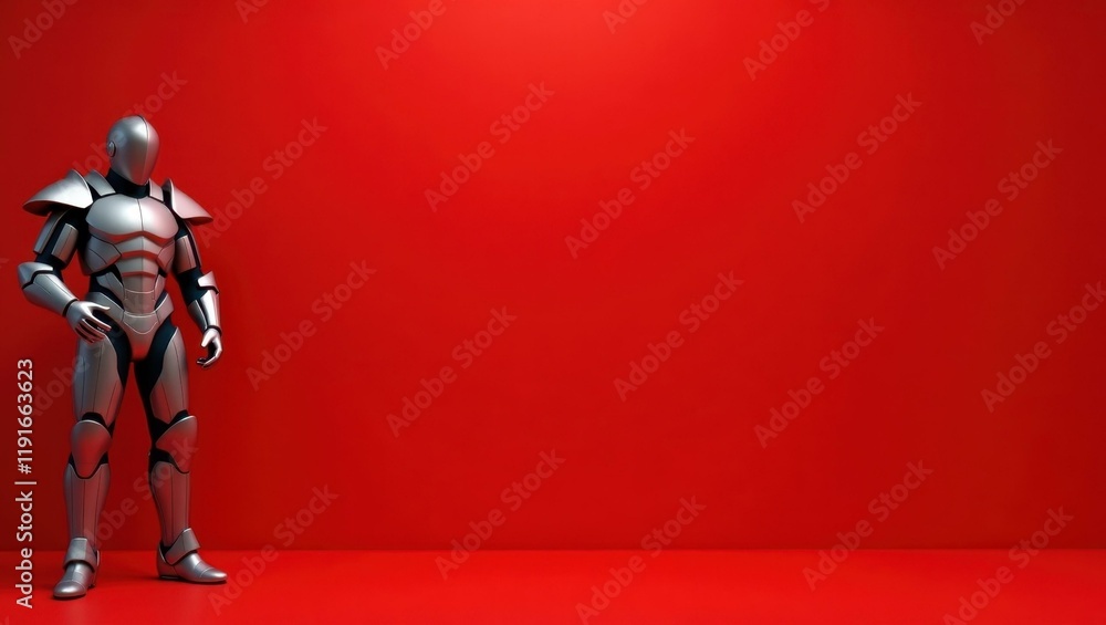 Poster titan gray suit of armor on left. soft blue background. copy space for text, 3d render ai generated 