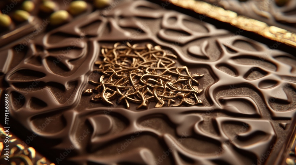 Poster pistachio chocolate bar with arabic patterns and golden embellishments displayed attractively. gener