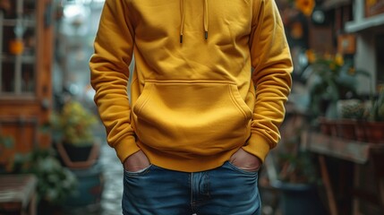 Close-up of a man in a yellow hoodie and jeans
