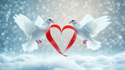 Two white doves forming a heart with a red ribbon in a snowy background