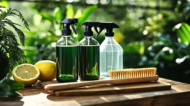 A neatly arranged set of eco-friendly cleaning products, including glass spray bottles, wooden brushes, and natural ingredients like lemon, baking soda, and vinegar, on a rustic wo