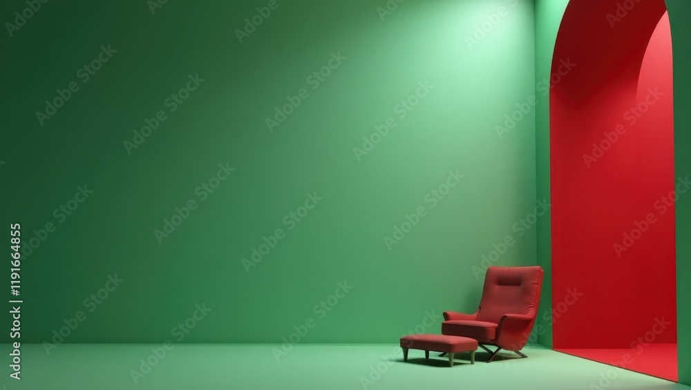 Poster garnet red vault on left. soft yellow background. copy space for text, 3d render ai generated design