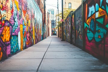 Fototapeta premium Vibrant graffiti art lines urban alleyway.