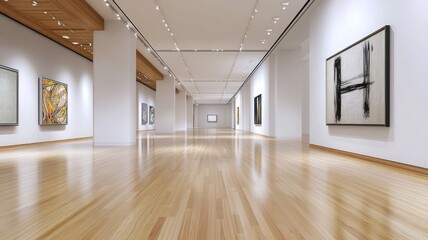 Obraz premium Modern art gallery with wood floors and white walls showcasing abstract paintings sculptures