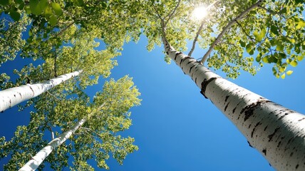 Fototapeta premium Sunlight shines through tall, leafy trees against clear blue sky
