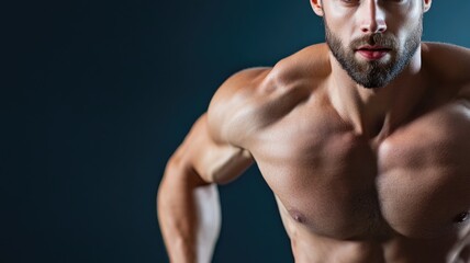 Fototapeta premium Muscular shirtless man with beard, showcasing muscle definition