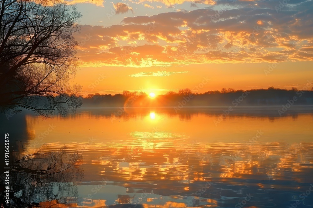 Aufkleber sunset over a tranquil lake with vibrant colors and flying birds creating a serene atmosphere
