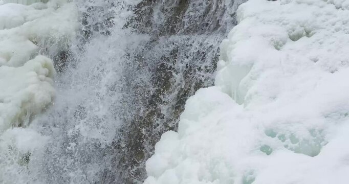 Close up of a icy waterfall, river, flowing with snow and ice along each side 29.97 FPS Frames / Second,	Iphone 16 Pro