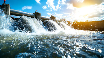river with hydroelectric dam, flowing water, and sunlight reflecting on surface creates serene and powerful scene