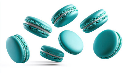 Vibrant teal macarons, artistically arranged in mid-air, their smooth surfaces and delicate details illuminated with a soft glow. The crisp white background creates a clean
