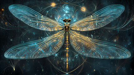 An exquisite depiction of a dragonfly conjured through intricately woven energy lines illuminates the cosmic dark, balancing artistic expression and abstract form. Moonspire. Illustration