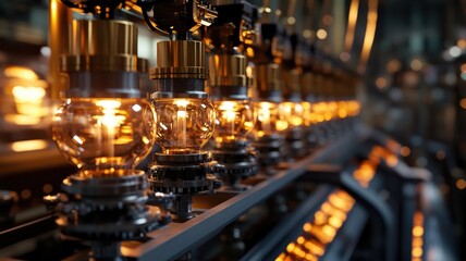 Industrial factory with illuminated machinery and glass fittings in production line