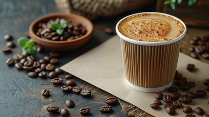 Coffee cup with coffee beans on a dark concrete background