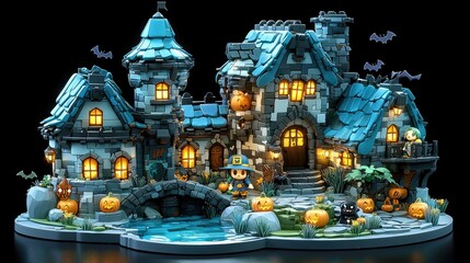 Fototapeta premium Enchanting Halloween Village Miniature Castle Scene