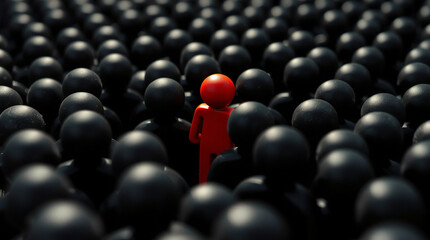 Fototapeta premium One red figure stands out amongst a crowd of black figures. A concept image representing individuality, difference, or standing out from the crowd.
