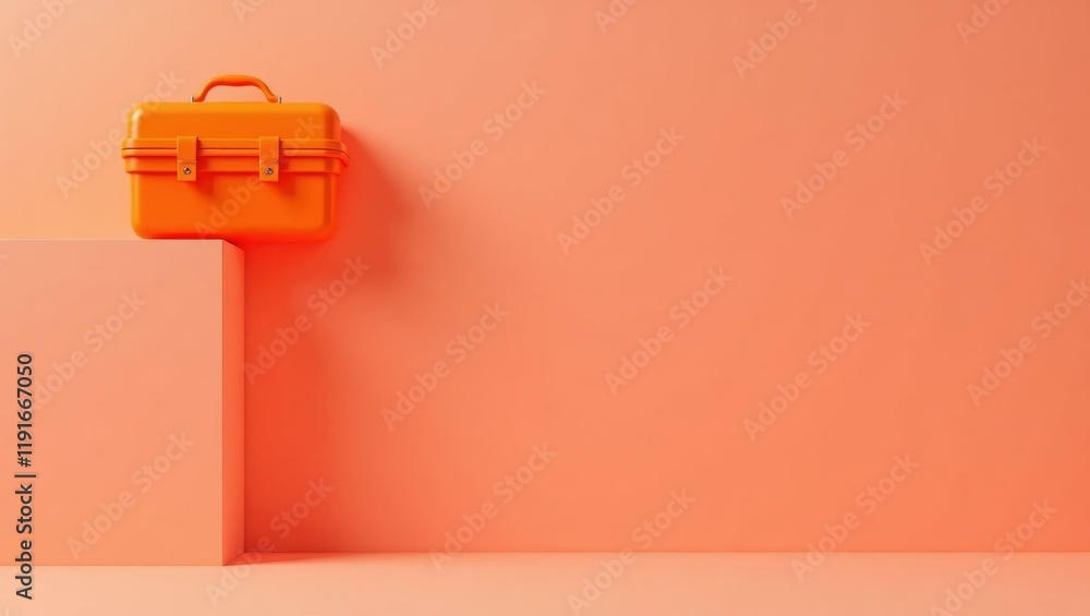 Poster neon orange toolbox on left. soft green background. copy space for text, 3d render ai generated desi