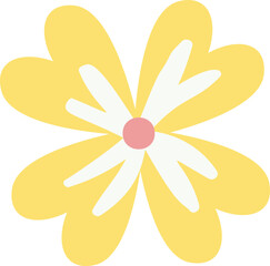 Featuring a simple flat vector illustration of a vibrant yellow flower with delicate white petals and a charming pink center, blooming beautifully against a clean white background