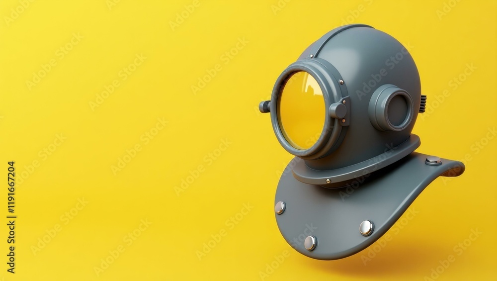 Poster slate gray diving helmet on left. soft coral background. copy space for text, 3d render ai generated