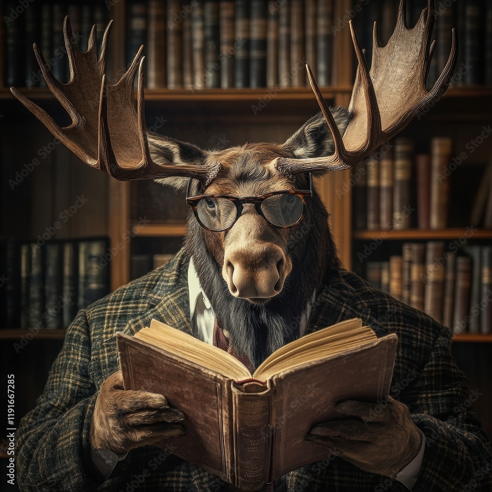 Leinwandbilder Moose wears reading glasses while enjoying a book in a classic vintage library setting full of bookshelves. Generative AI