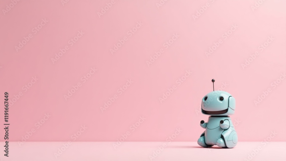 Poster aquamarine astromech droid on right. soft white background. copy space for text, 3d render ai genera