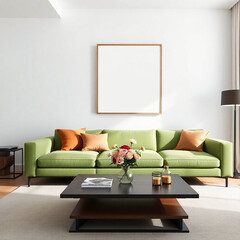Mockup poster frame on the wall of living room. A stylish reading nook in beige colors. Green sofa
