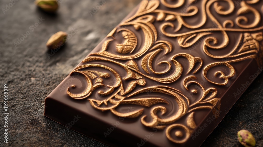 Poster Chocolate bar adorned with intricate arabesque patterns and filled with pistachio. Generative AI